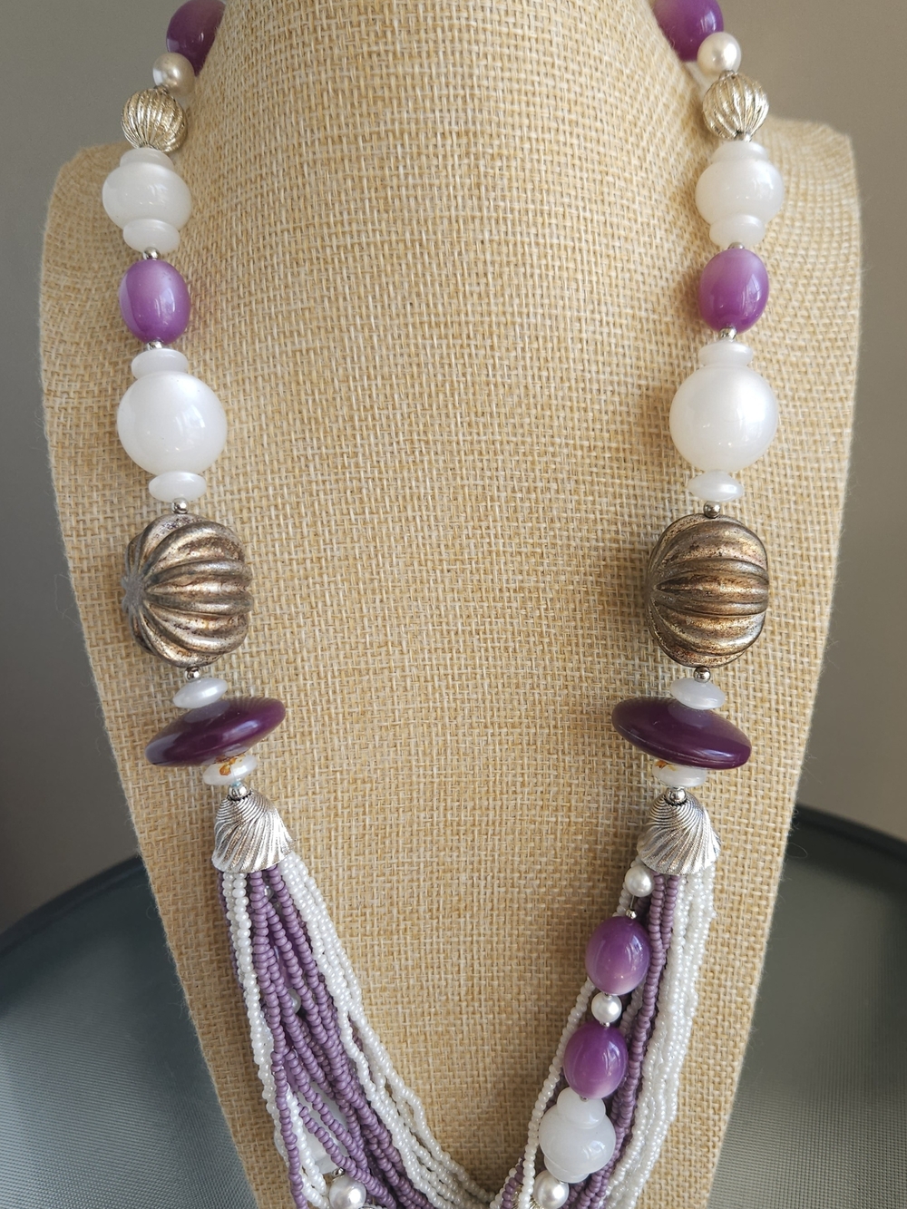 Purple & White Beaded Tassel Necklace with Metallic Accents